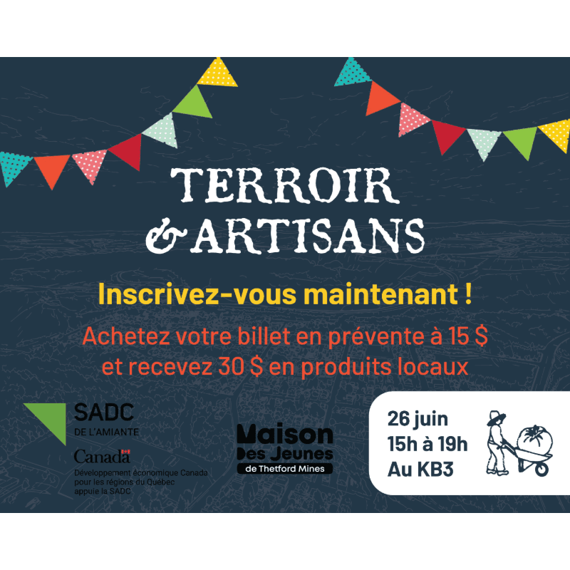 Colorful bunting stretches across the dark blue background above bold white text announcing "TERROIR & ARTISANS," with event details and logos in the lower portion.