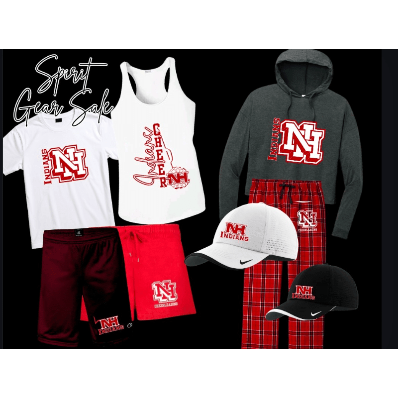 A collection of "Indians" branded athletic wear, including shirts, shorts, a hoodie, pajama pants, and hats, is displayed against a black background.
