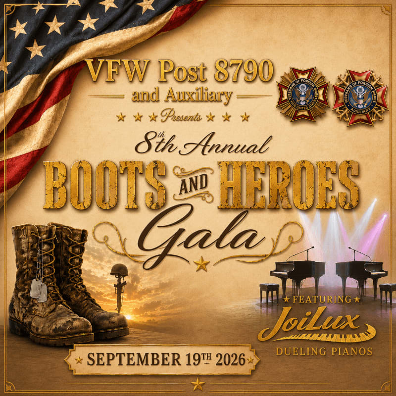 A pair of worn combat boots and a fallen soldier's memorial stand in the foreground against a backdrop of a VFW gala announcement featuring dueling pianos and an American flag.