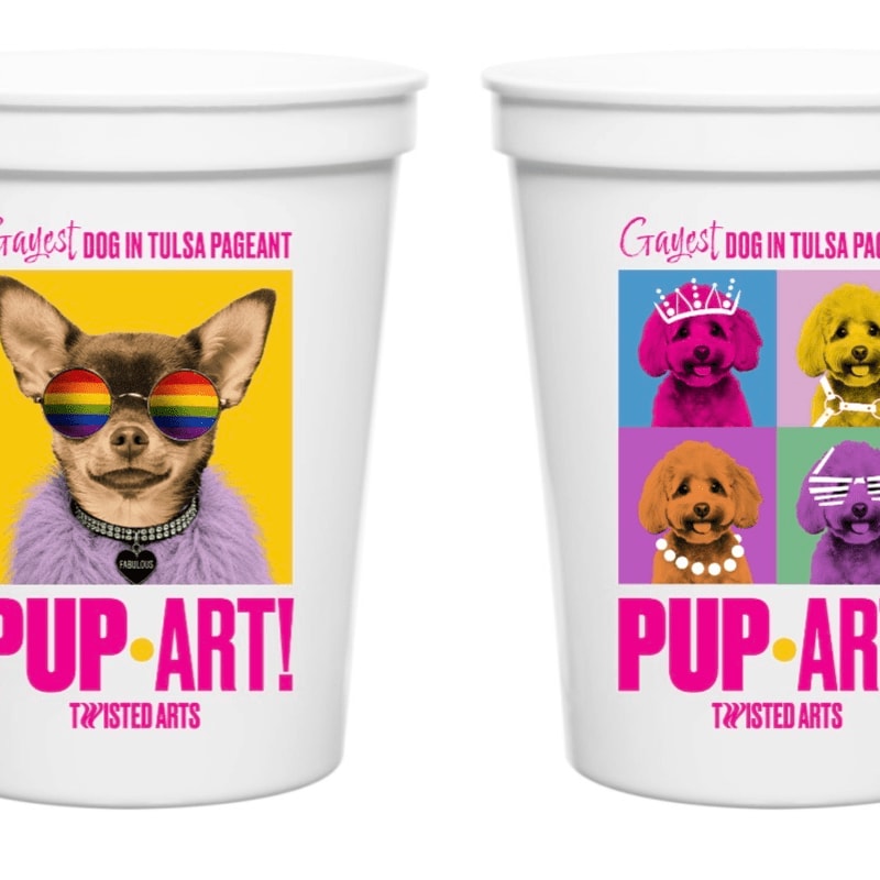 Two white cups with colorful dog portraits and "PUP ART!" text are displayed against a white background.