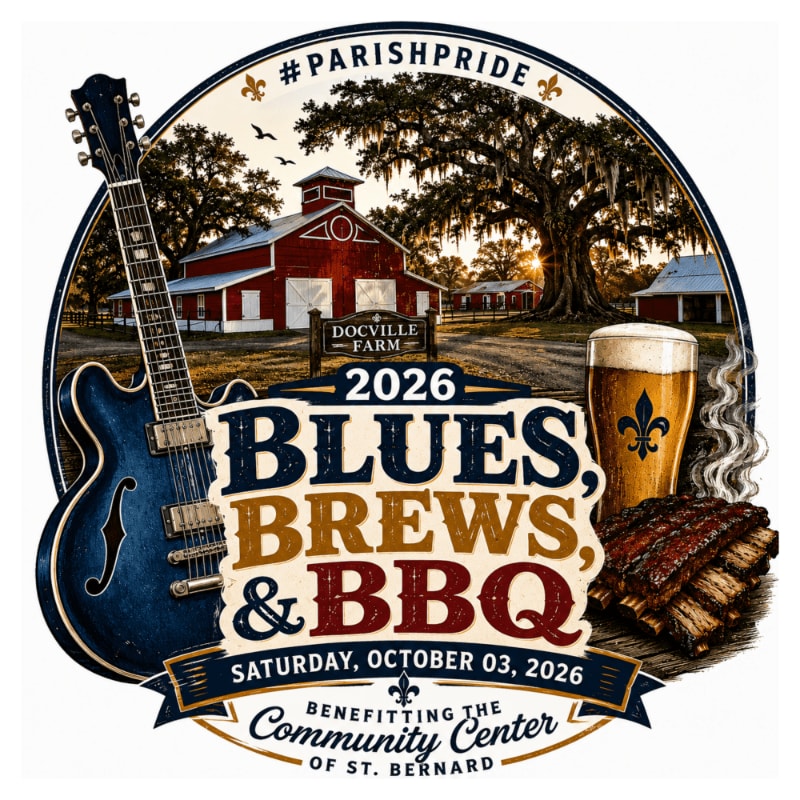 A blue electric guitar and a glass of beer with ribs are in the foreground, set against a backdrop of a red barn and a large oak tree on Docville Farm.