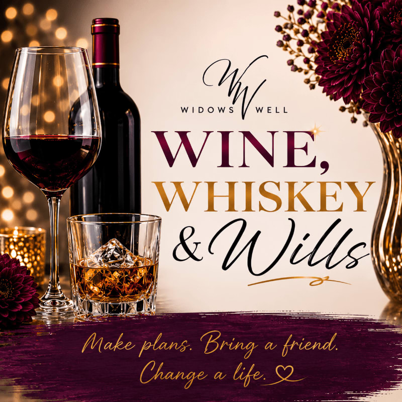 A glass of red wine and a whiskey on the rocks sit beside a bottle in the foreground, while a vase of dark flowers and bokeh lights form the background.