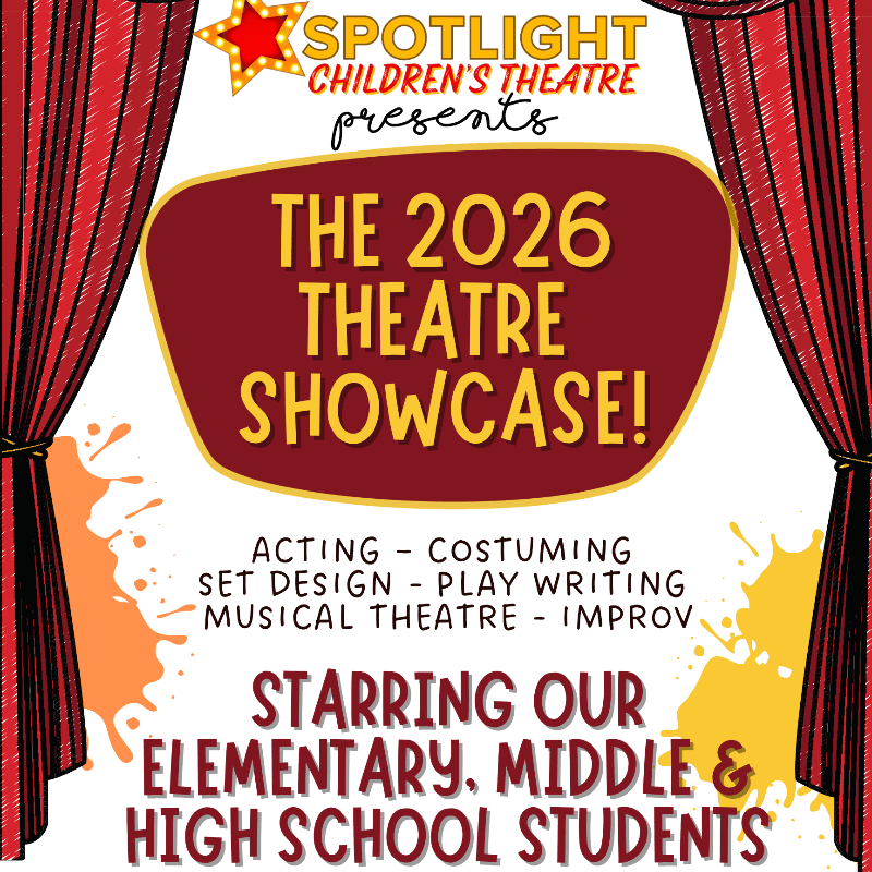 Red curtains frame a spotlighted maroon oval announcing "The 2026 Theatre Showcase!" with colorful paint splatters and text detailing the event's offerings and student performers.