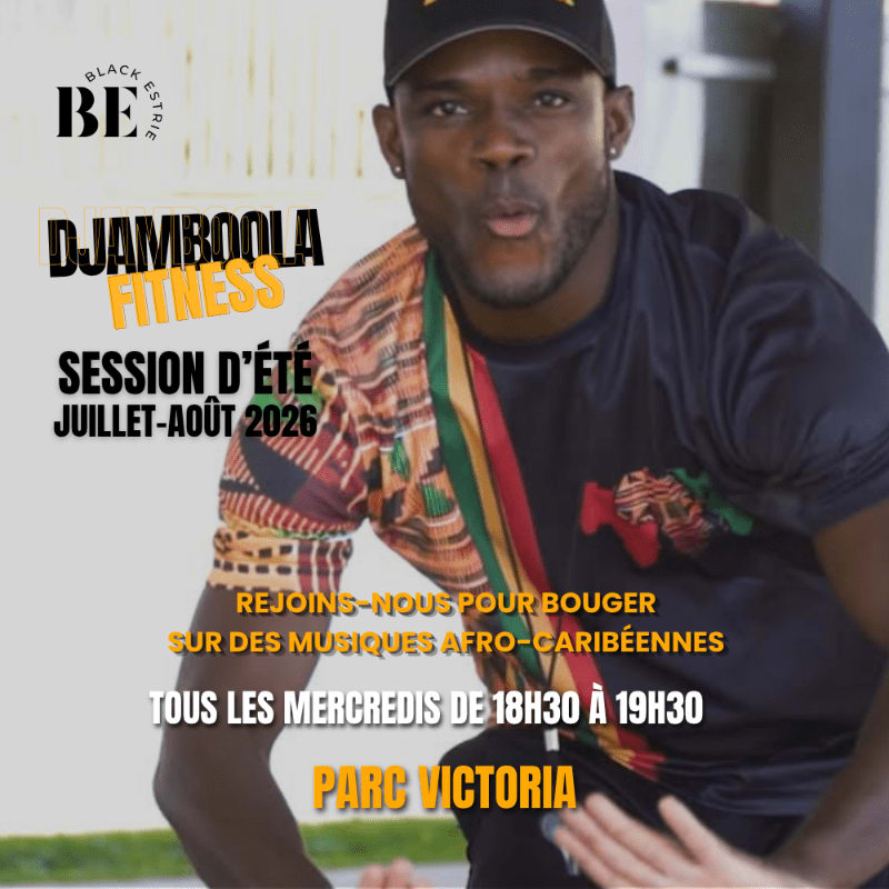 A man in a colorful shirt and cap is captured mid-motion in the foreground, with text overlaying the image announcing a summer fitness session in Parc Victoria.