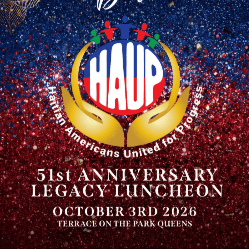 A golden logo with the letters "HAUP" and the words "Haitian Americans United for Progress" is centered on a background of red and blue glitter.