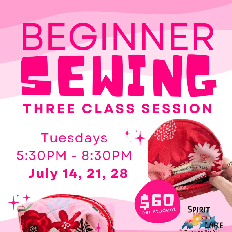 A pink and white wavy background frames bold pink text announcing a "BEGINNER SEWING THREE CLASS SESSION" with details about dates, times, and cost, while the foreground features two floral fabric pouches and a hand holding one filled with cash.