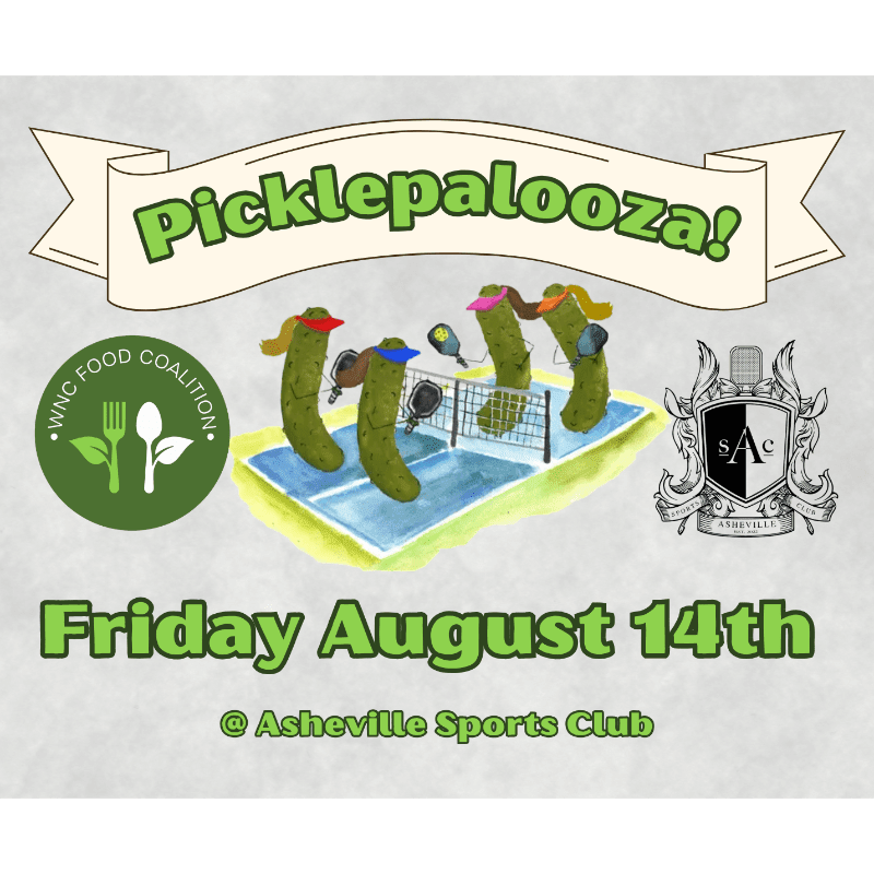 Four cartoon pickles play pickleball on a court in the foreground, with a banner reading "Picklepalooza!" and event details in the background.
