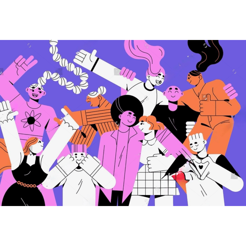 A diverse group of people with vibrant hair and clothing are joyfully embracing against a purple background with subtle bubbles.