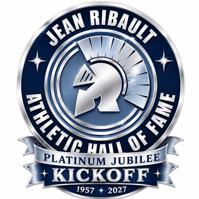A circular emblem with a Spartan helmet in the center and the words "Jean Ribault Athletic Hall of Fame" encircling it, sits above a ribbon banner proclaiming "Platinum Jubilee Kickoff 1957-2027" against a white background.