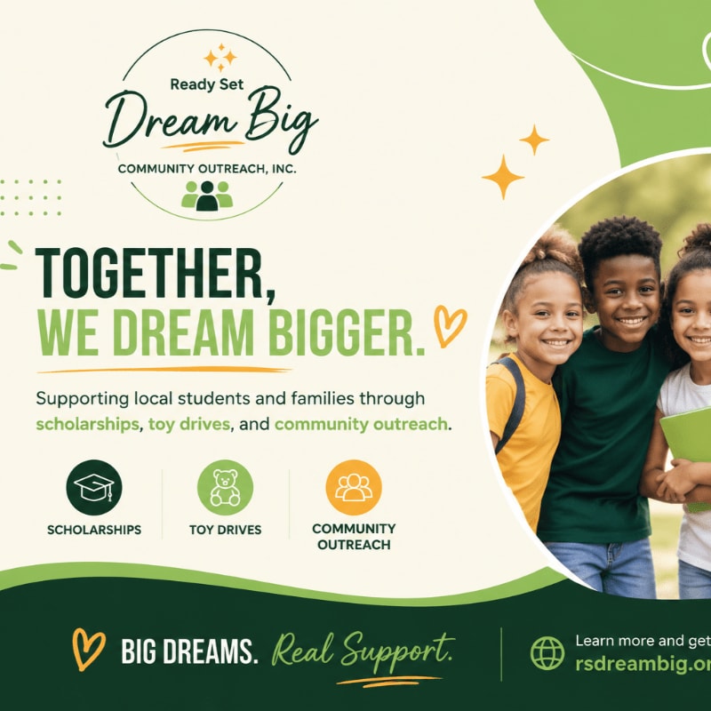 In the foreground, smiling children are featured with text about community outreach, while the background is a light green and cream design with the organization's logo.