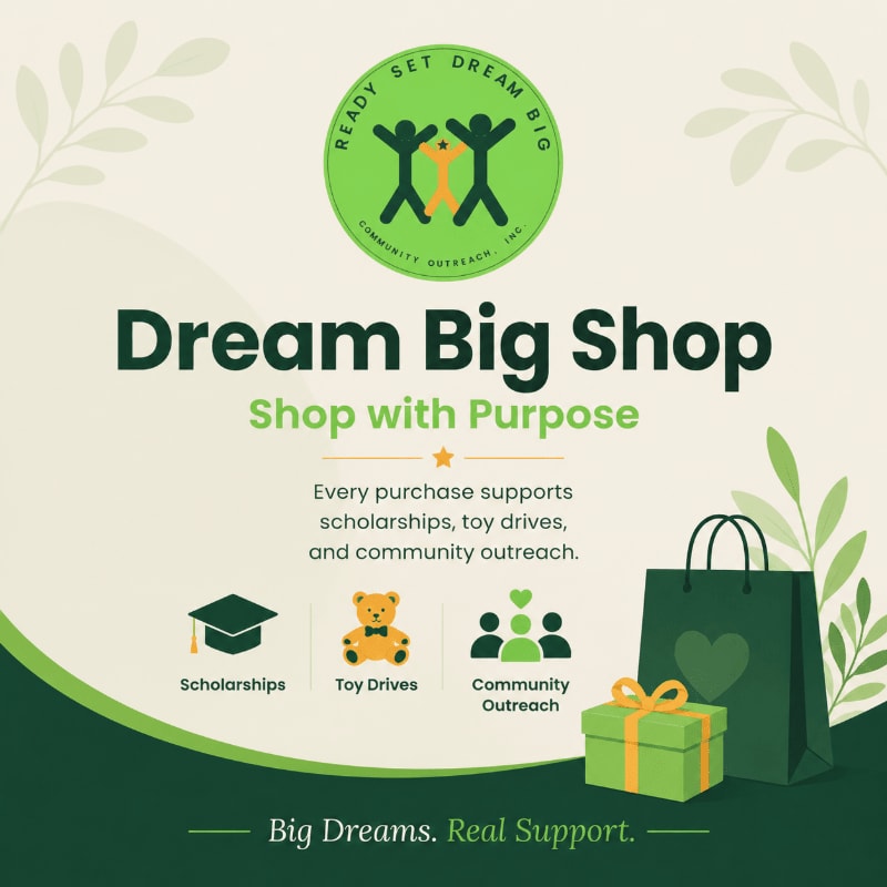 A green shopping bag and gift box are in the foreground, with icons representing scholarships, toy drives, and community outreach, all set against a light green background with subtle leaf motifs and a circular logo at the top.