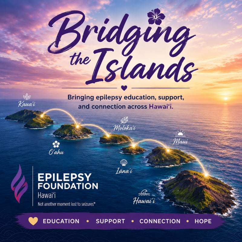 Islands of Hawai'i are connected by glowing lines against a sunset sky, with the Epilepsy Foundation logo and text in the foreground.