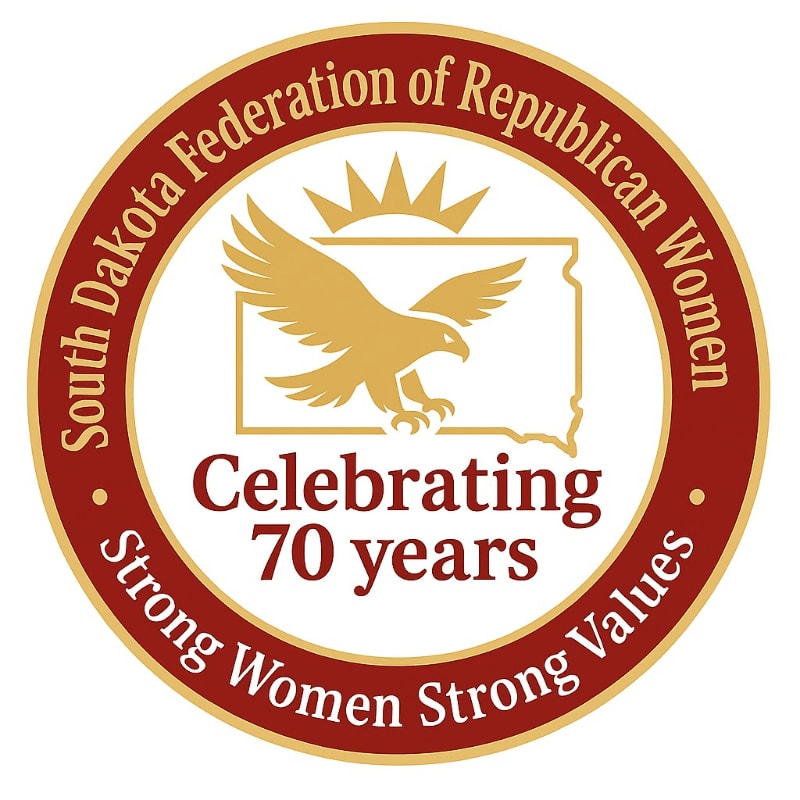 A golden eagle soars over a silhouette of South Dakota, with "Celebrating 70 years" prominently displayed in the foreground, all within a circular emblem bearing the text "South Dakota Federation of Republican Women Strong Women Strong Values" in the background.