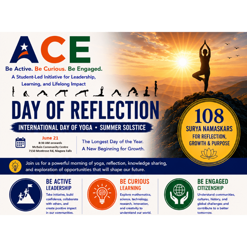 A silhouette of a person in a yoga pose stands on a mountain peak against a sunset, with text announcing "Day of Reflection" and event details in the foreground.