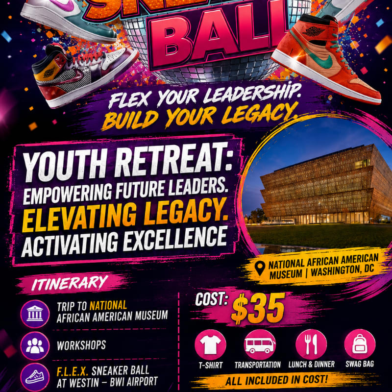 Colorful sneakers float above a flyer advertising a youth retreat at the National African American Museum, which includes a sneaker ball.