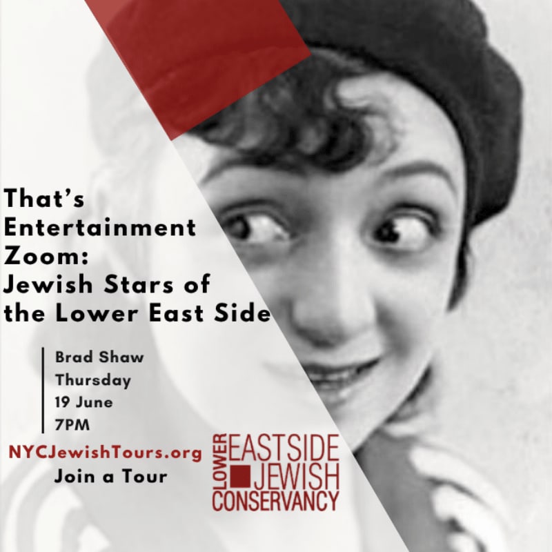 A black and white close-up of a woman's face with curly hair and a beret is overlaid with text about a Zoom event and the Lower East Side Jewish Conservancy logo.