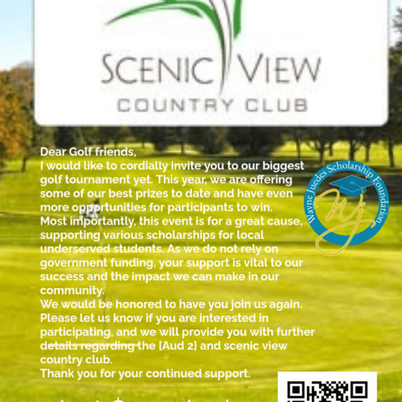 A golf tournament invitation is overlaid on a scenic golf course background with trees and a clubhouse.