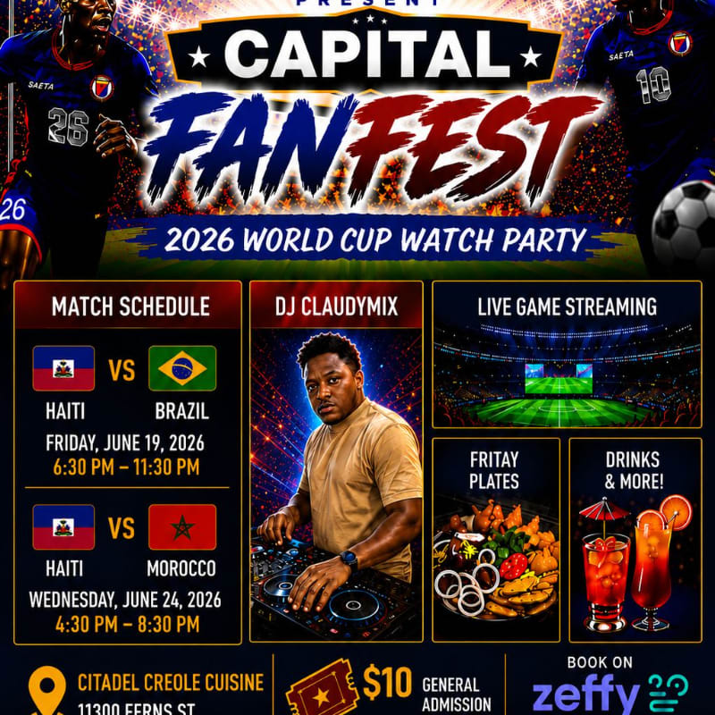 Two soccer players are featured in the background above a graphic advertising a "Capital Fanfest 2026 World Cup Watch Party" with details on match schedules, a DJ, food, and drinks in the foreground.