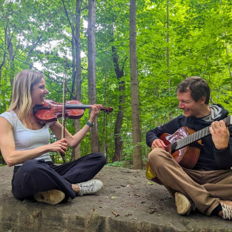 A woman plays the violin while a man plays the guitar, both sitting on a rock in a lush green forest.