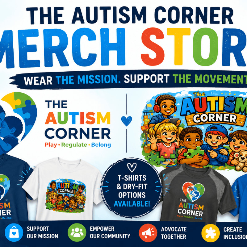 Colorful t-shirts and merchandise for "The Autism Corner" are displayed against a bright background with text promoting their mission.