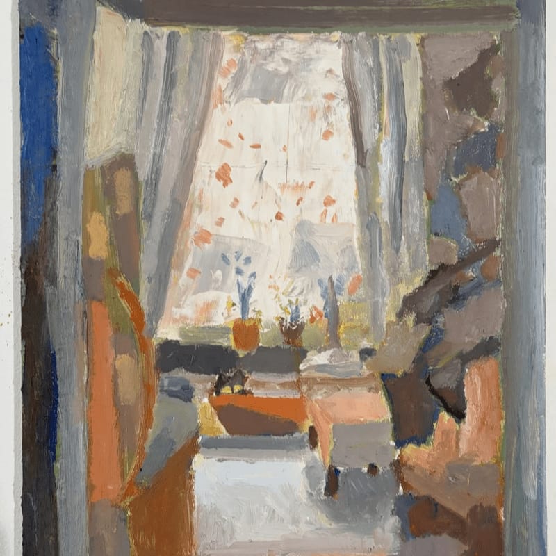 An impressionistic painting captures a sunlit room with a patterned curtained window in the background and furniture in the foreground.