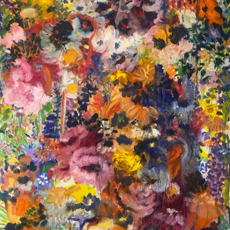 A vibrant, abstract floral arrangement fills the foreground with bold brushstrokes of pink, orange, and yellow, set against a richly textured background of greens and purples.