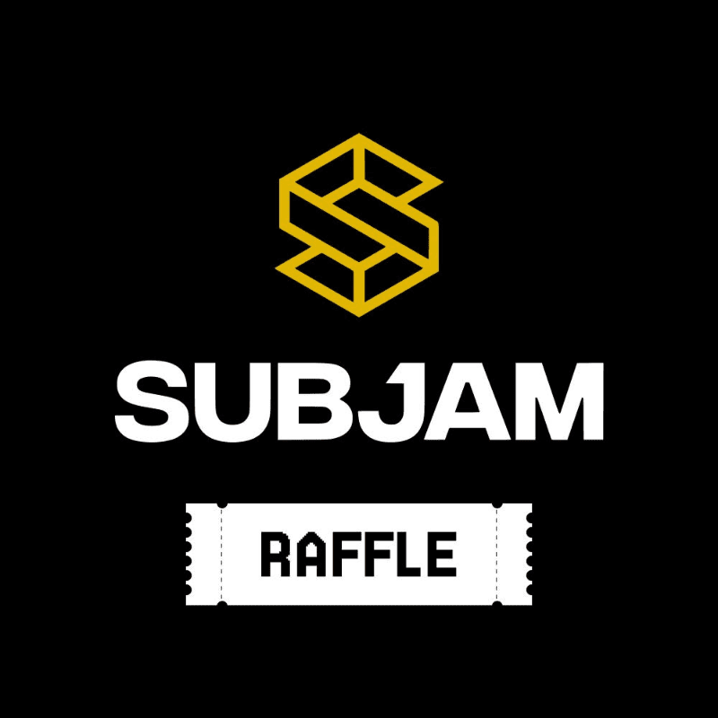 A yellow geometric logo and the word "SUBJAM" are centered above a white raffle ticket graphic, all set against a black background.