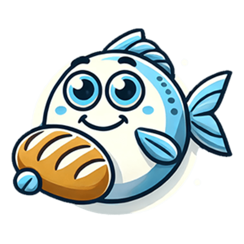 A cartoon fish with big blue eyes and a smile holds a loaf of bread in its fins against a white background.
