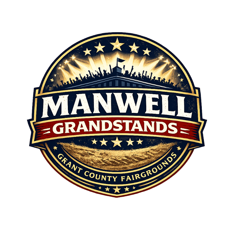 A circular logo features the text "MANWELL GRANDSTANDS GRANT COUNTY FAIRGROUNDS" with a silhouette of a building and crowd under spotlights in the background, and a golden textured field in the foreground.