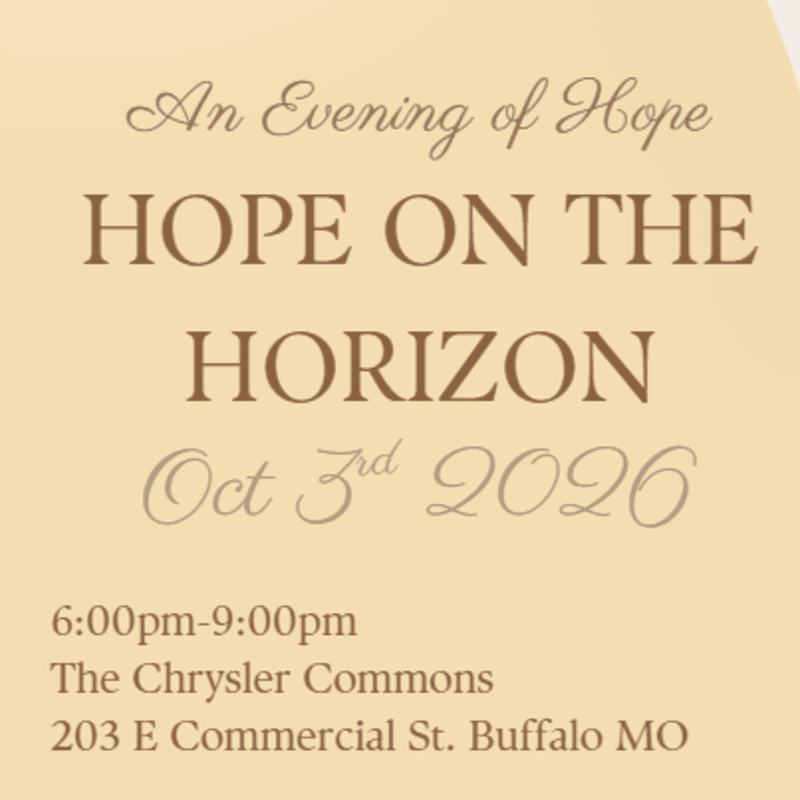 A beige background displays text announcing "An Evening of Hope" and "HOPE ON THE HORIZON" with event details below.