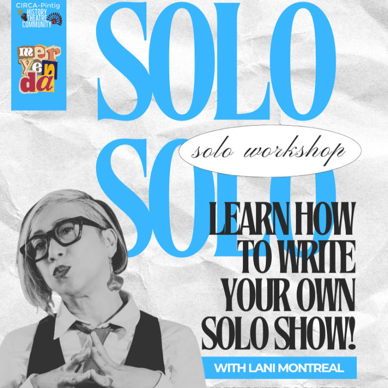 A woman with glasses and gray hair in the foreground gestures with her hands, while large blue text reading "SOLO SOLO" dominates the background advertising a solo workshop.