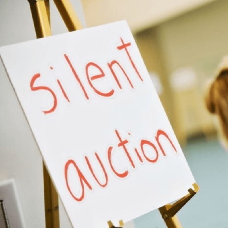 A white sign with "Silent Auction" written in red is displayed on an easel in the foreground, with a blurred background suggesting an indoor event.