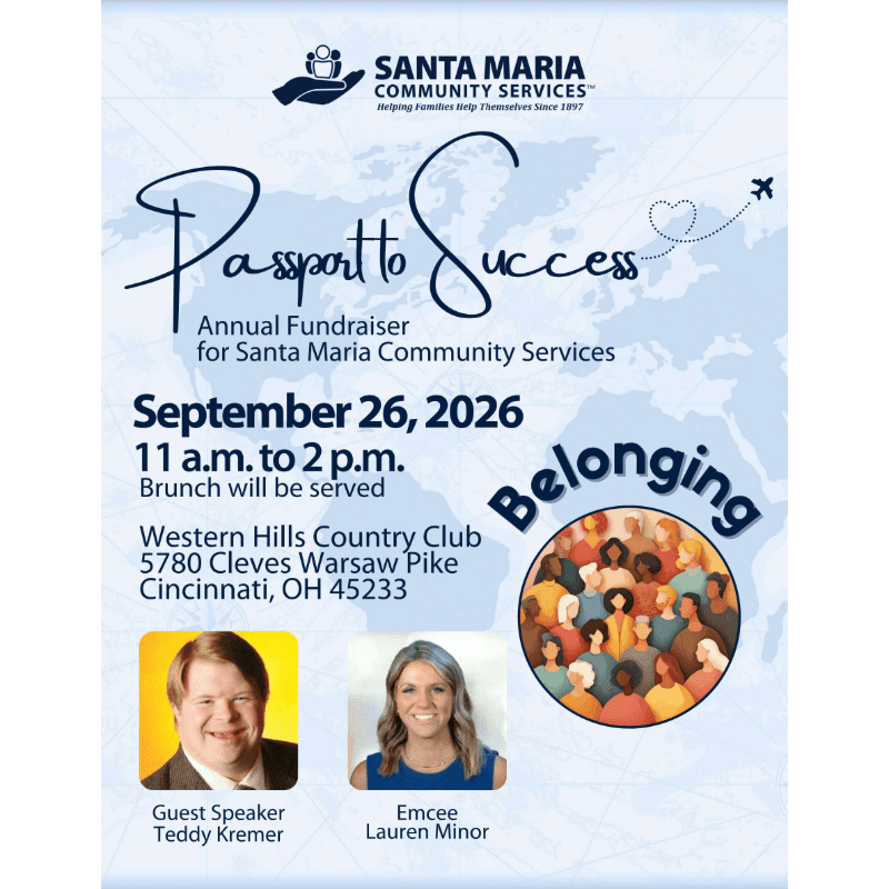 A flyer for Santa Maria Community Services' "Passport to Success" annual fundraiser features event details and speakers in the foreground against a light blue world map background.