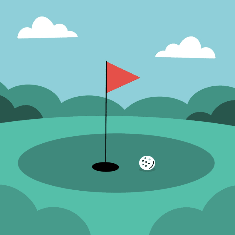 A golf ball rests on a green near a red flag on a pole, with rolling hills and clouds in the background.