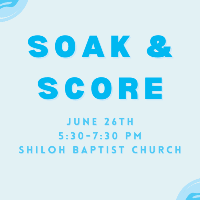 Large blue text reading "SOAK & SCORE" is centered on a light blue background with subtle wave-like patterns, below which smaller text provides event details.