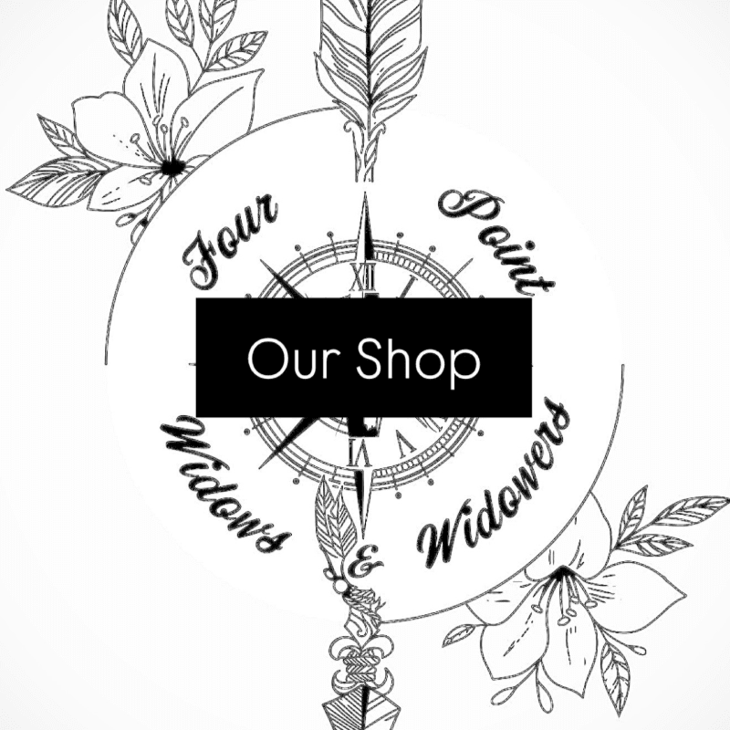 A black and white graphic features a compass rose with the words "Four Point Widows & Widowers" encircling it, while floral elements and feathers adorn the corners, and "Our Shop" is prominently displayed in a black rectangle at the center.