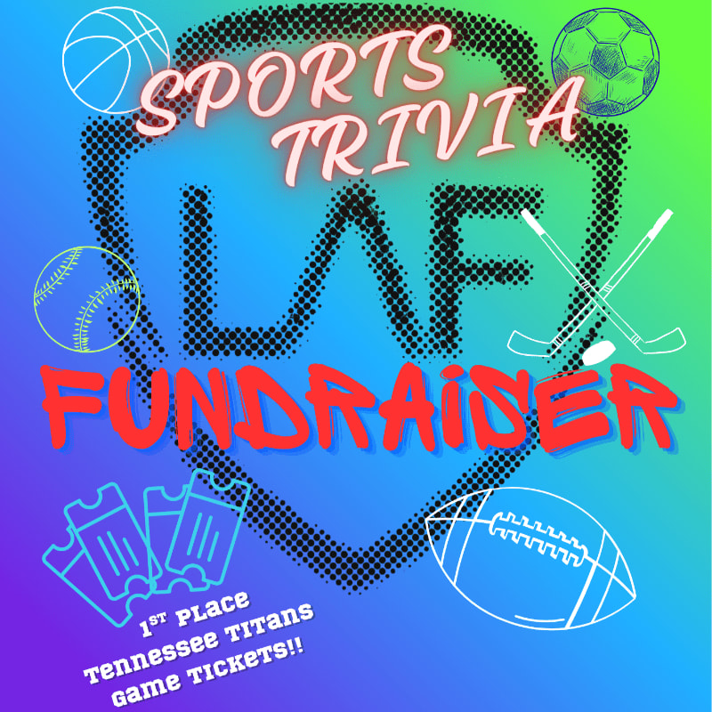 Sports trivia fundraiser with various sports balls and tickets in the foreground against a colorful, abstract background.
