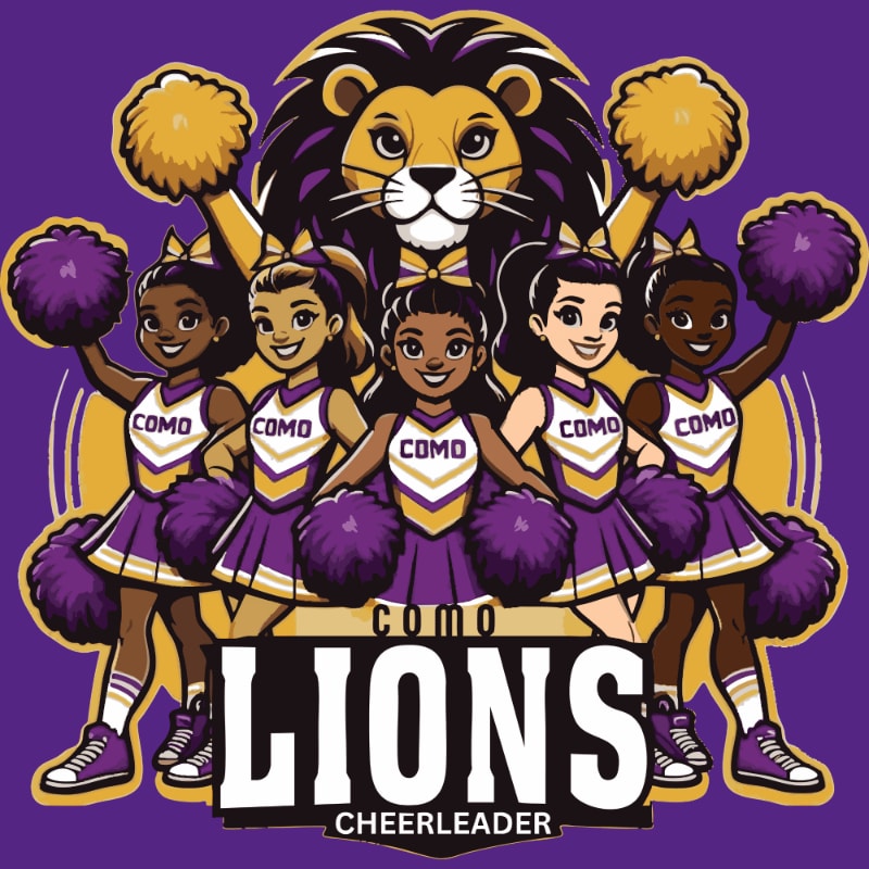 Five diverse cheerleaders in purple and gold uniforms with pom-poms stand in front of a stylized lion's head and the text "COMO LIONS CHEERLEADER" against a purple background.