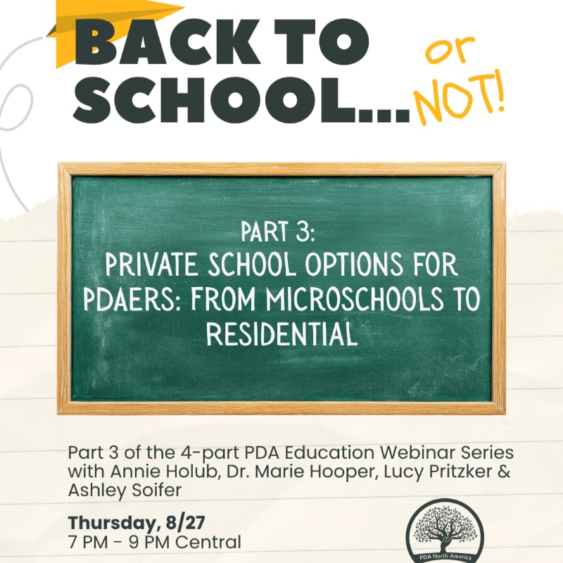 A green chalkboard with text about private school options for PDAERS is centered in the foreground, set against a background with "BACK TO SCHOOL... OR NOT!" text.