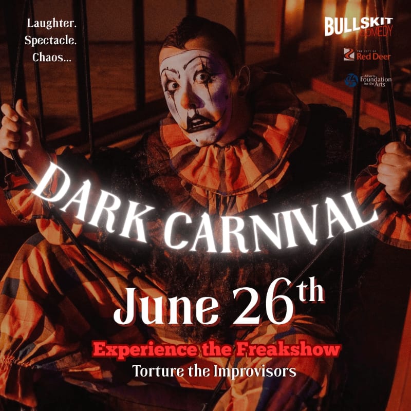 A clown with a painted face sits on a swing in the foreground, with the words "DARK CARNIVAL June 26th" overlaid, against a dark, blurred background featuring logos.