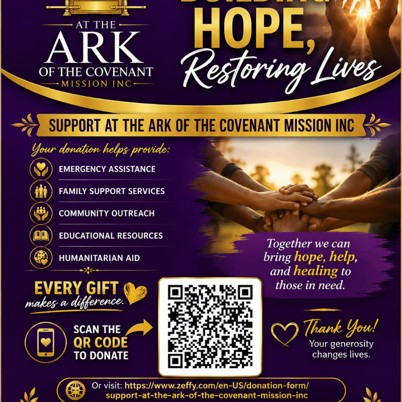 In the foreground, a QR code and donation information are presented against a purple background, while the background features hands clasped together in unity.