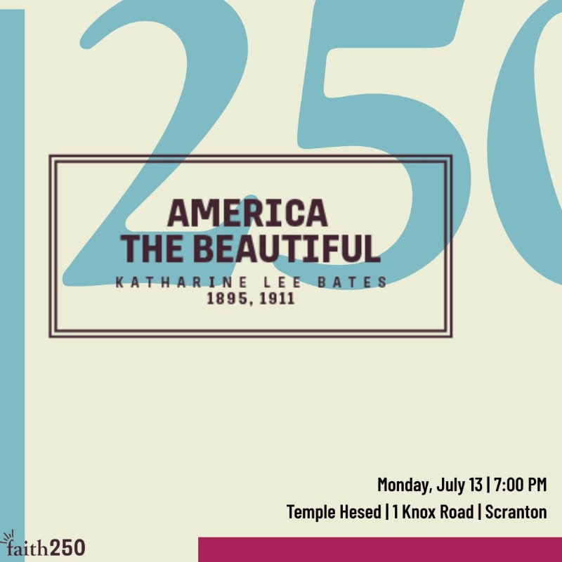 Large blue numbers "250" dominate the background, while the foreground features a framed text box with "AMERICA THE BEAUTIFUL" and event details.
