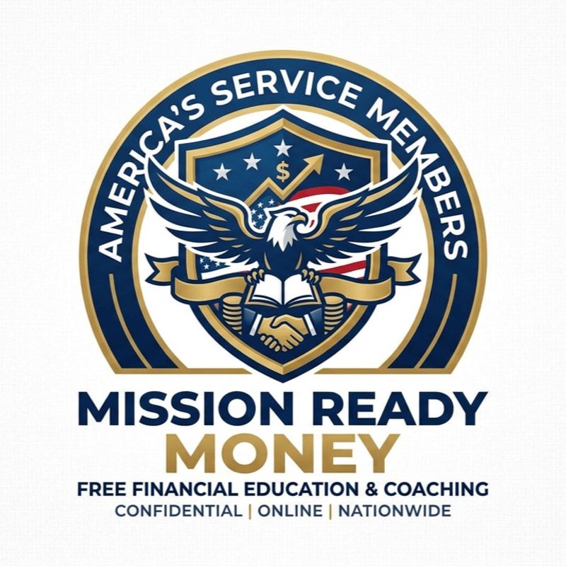A circular emblem featuring an eagle over a shield with American flag elements and shaking hands is set against a white background, with the text "MISSION READY MONEY" and "FREE FINANCIAL EDUCATION & COACHING" below.