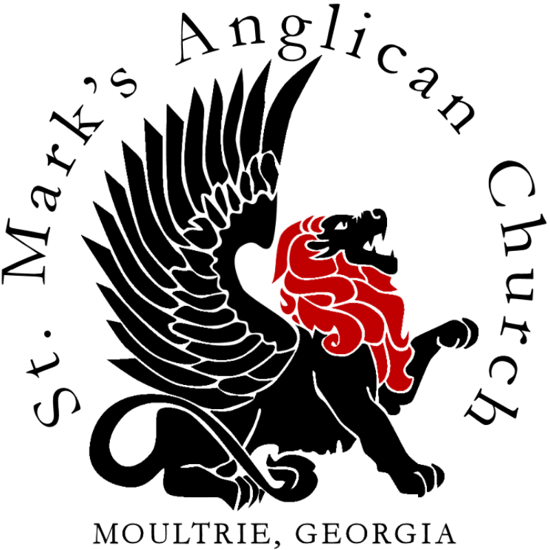 A black and red winged lion is centered on a white background, with the words "St. Mark's Anglican Church" encircling it and "Moultrie, Georgia" below.