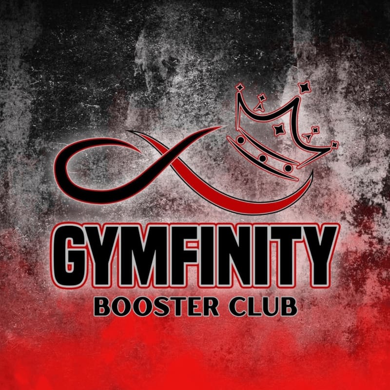 An infinity symbol with a crown above it and the words "GYMFINITY BOOSTER CLUB" in bold lettering are displayed against a textured red and black background.