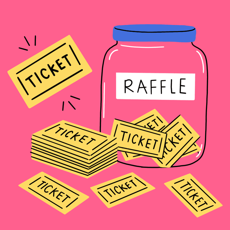 Yellow raffle tickets are scattered around and stacked next to a glass jar labeled "RAFFLE" against a pink background.
