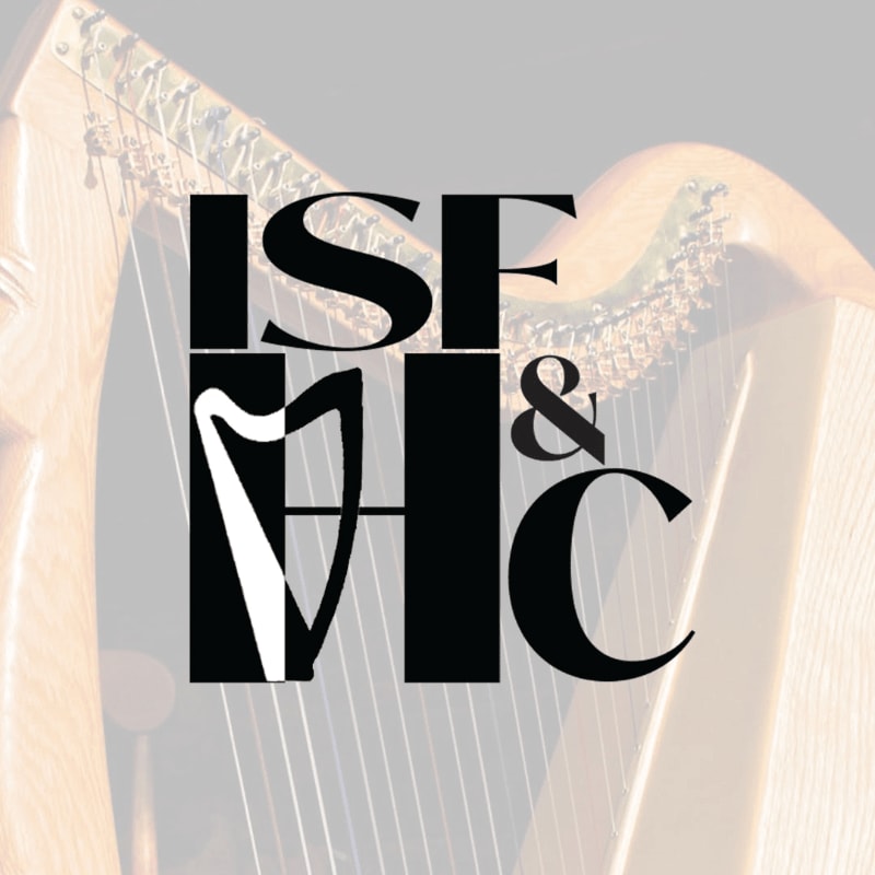 A black and white logo with the letters "ISF & HC" and a harp silhouette is superimposed over a blurred image of a harp.