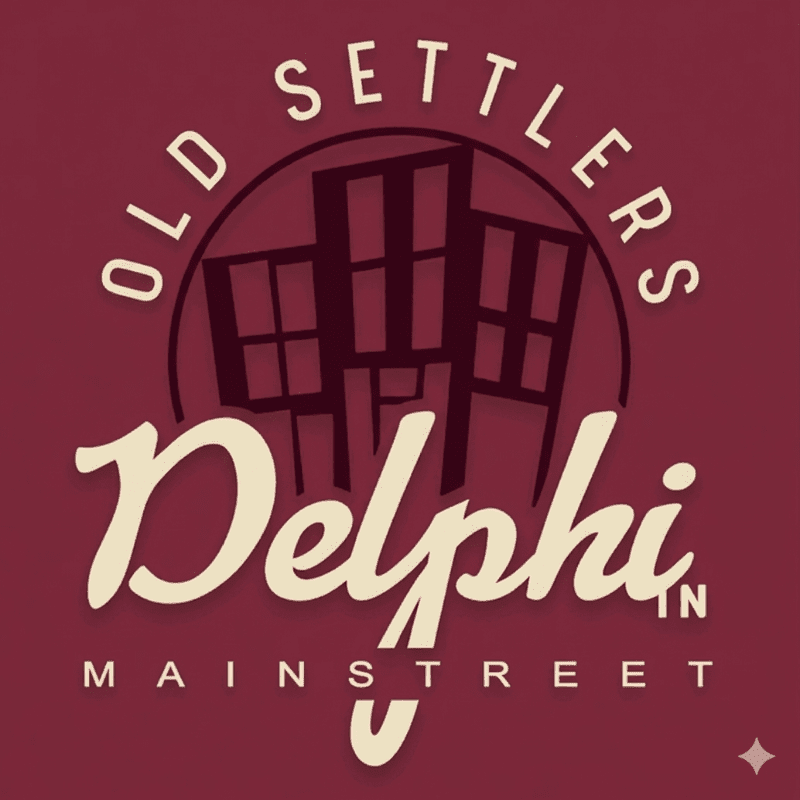 A stylized logo with "Delphi in Mainstreet" in the foreground and a silhouette of buildings within a circle labeled "Old Settlers" in the background.