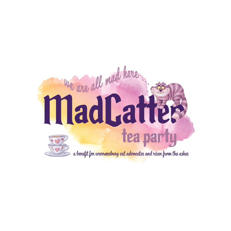 A whimsical "MadCatter tea party" logo with a Cheshire Cat and teacups in the foreground is set against a colorful watercolor background.