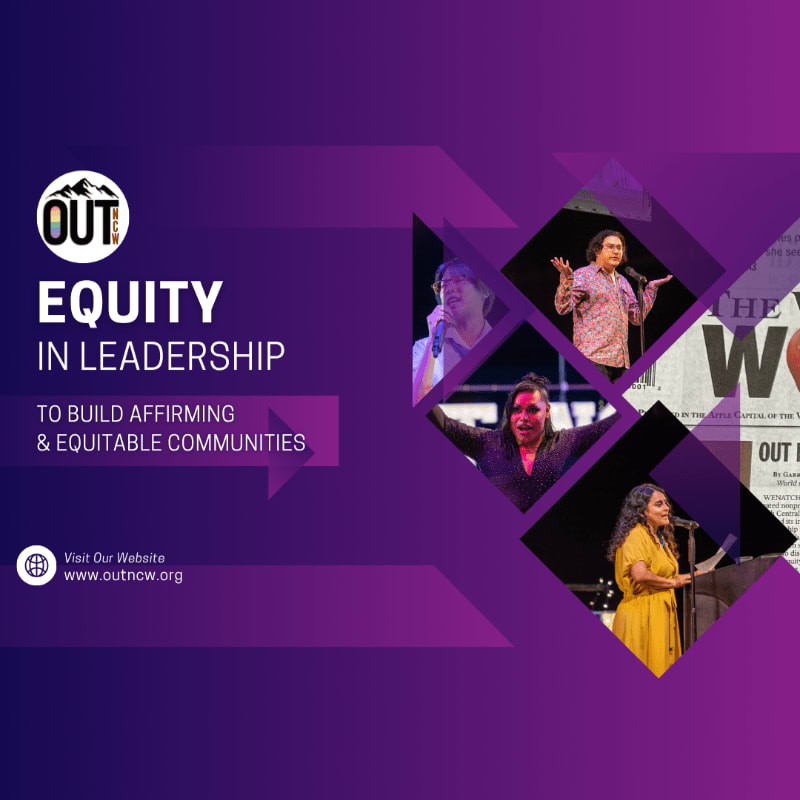 In the foreground, the text "OUT EQUITY IN LEADERSHIP TO BUILD AFFIRMING & EQUITABLE COMMUNITIES" is displayed on a purple gradient background, while the background features a collage of four individuals speaking at podiums.